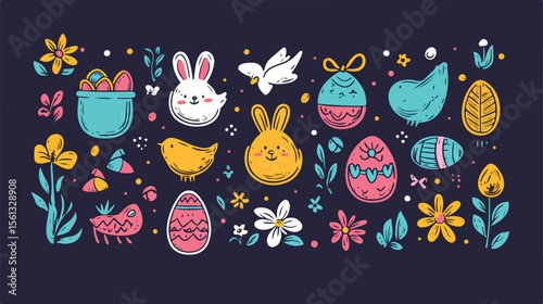Bundle of Easter Set Line Icons Flat Vector Illustration