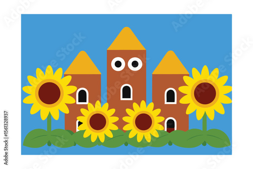 Sunflowers and a whimsical castle A charming summer illustration