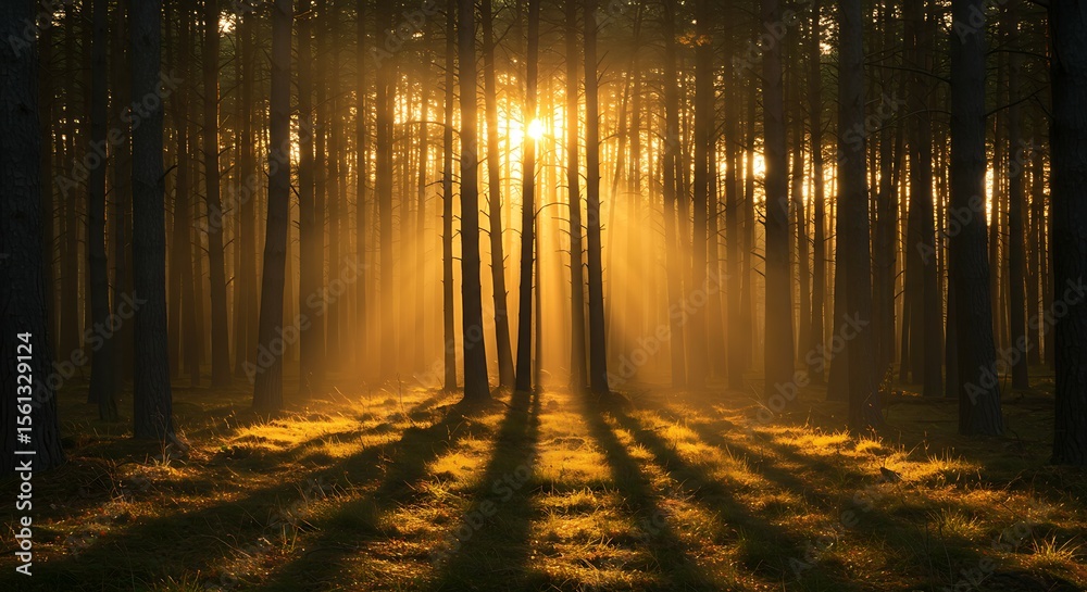 Fototapeta premium Sunlight Through Trees Forest Golden Hour Nature Landscape