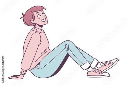 Dreamy Contemplation: A cartoon illustration of a young woman with short, pink hair, sitting comfortably and gazing upward, a gentle smile gracing her lips as if lost in thought.