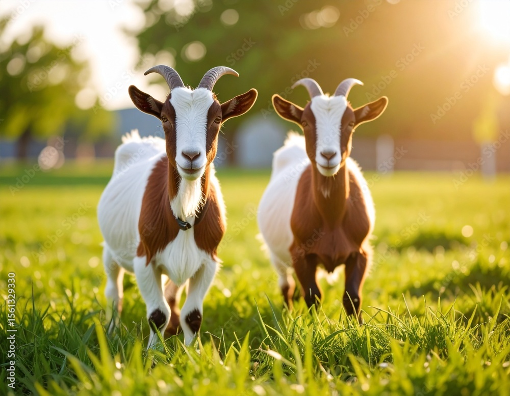 Obraz premium Healthy Brown and White Goat on Green Grass