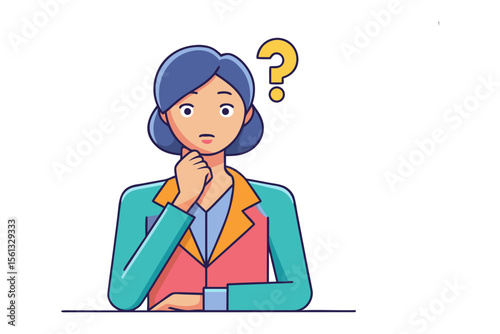 Woman's Thoughtful Query: An illustration of a woman is deep in thought with a question mark symbolizing her query and the thought process in her mind.