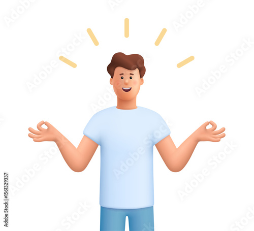 Smiling young man James standing with hands raised in a meditation or mindfulness gesture. Meditation, peace of mind, positive thinking concept. 3d vector people character. Cartoon minimal style.