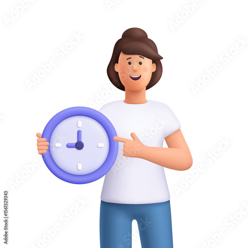 Young smiling woman Jane holding a round clock and pointing at it. Punctuality, scheduling, reminders, time management and deadline concept. 3d vector people character. Cartoon minimal style.