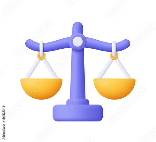 Purple balance scales with yellow gold scale pans. Decision, justice and law concept. 3d vector icon. Cartoon minimal style.