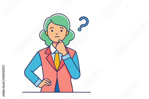 Contemplative Businesswoman: A thoughtfully illustrated businesswoman ponders a question, hand to chin, her expression conveying a mix of contemplation and decision-making.  