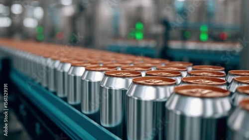 Rows of aluminum cans with copper-colored tops moving along a conveyor belt in a factory setting.