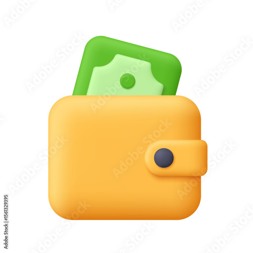 Yellow wallet with green banknote. Finance, investment , budget and savings concept. 3d vector icon. Cartoon minimal style.