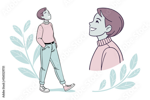 Contemplative Serenity: A cartoon man walks and looks up with eyes closed in a state of calm reflection. Embracing peaceful introspection and emotional tranquility, with verdant details.