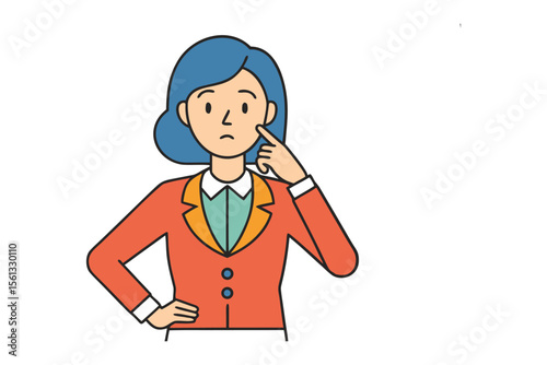 Introspective Woman: A contemplative depiction of a woman in a business suit, lost in thought, fingers touching her face, portraying a moment of profound introspection, reflection.