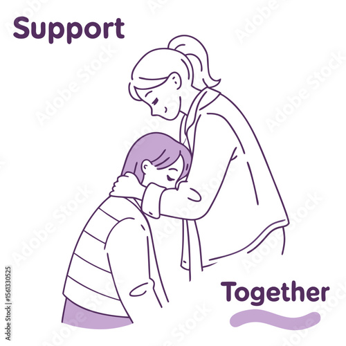 Illustration of a woman supporting another woman with the words support and together in purple color