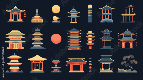 Chinese Moon Flat Vector Illustration Bundle of Icons