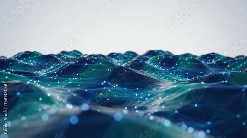 Abstract digital network mesh with glowing blue and teal nodes and lines creating a futuristic landscape