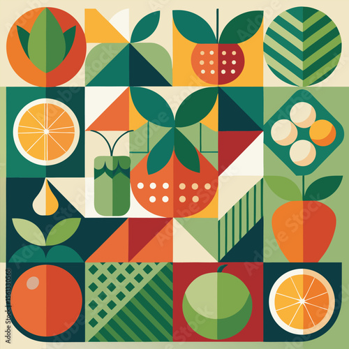 Abstract geometric pattern of farm food. Stylized poster with fruit and vegetables. Agriculture plants in cubism style. Contemporary art of healthy, natural, organic products. Flat vector illustration