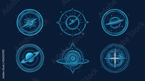 Bundle of Nine Space Badges on Blue Background