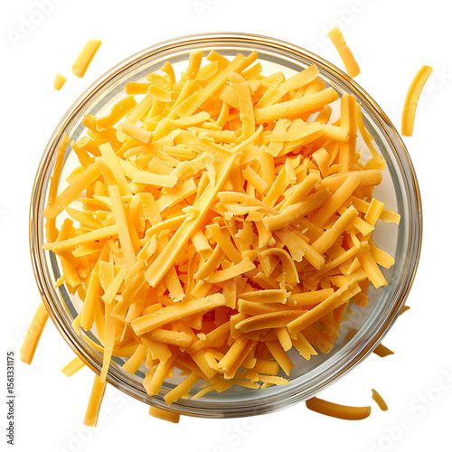 A clear glass bowl filled with shredded cheddar cheese isolated on transparent background