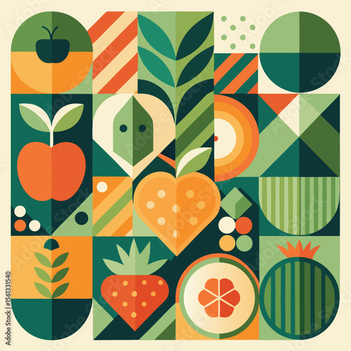 Abstract geometric pattern of farm food. Stylized poster with fruit and vegetables. Agriculture plants in cubism style. Contemporary art of healthy, natural, organic products. Flat vector illustration