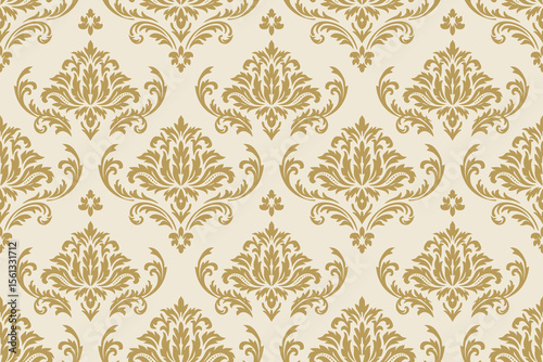 Elegant gold damask pattern on cream background, perfect for luxury wallpaper, fabric, and vintage designs with timeless classic style.