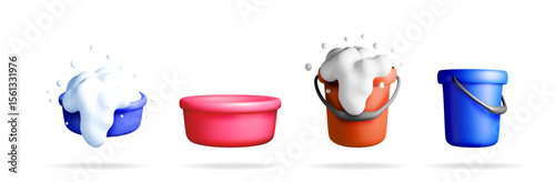 A set of realistic 3d cleaning buckets and basins with soap sud and bubbles, for household hygiene and sanitary purposes.