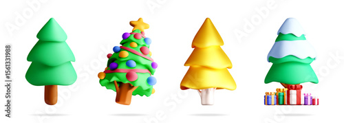 Set of 3d Christmas tree vector illustration. Decorated festive fir tree, classic green, golden and snowy pine tree for holiday, winter, new year.