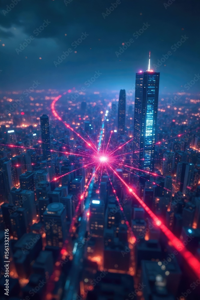 Fototapeta premium Futuristic Cityscape Vibrant Social Media Network Constellation - A Futuristic Backdrop Illustrating the Convergence of News and Social Interaction