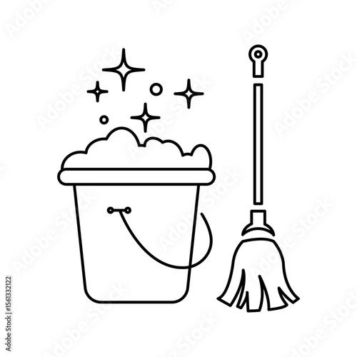Mop and bucket. Cleaning concept. Vector linear icon isolated on white background.