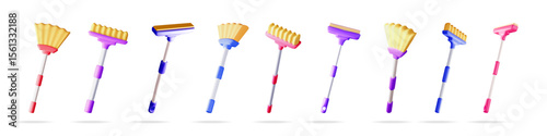 Many 3d cleaning tools with long handles including brooms and mops. Colorful household equipment for cleanliness for home and office.