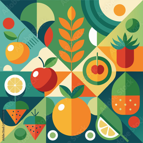 Abstract geometric pattern of farm food. Stylized poster with fruit and vegetables. Agriculture plants in cubism style. Contemporary art of healthy, natural, organic products. Flat vector illustration