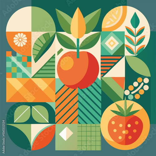 Abstract geometric pattern of farm food. Stylized poster with fruit and vegetables. Agriculture plants in cubism style. Contemporary art of healthy, natural, organic products. Flat vector illustration