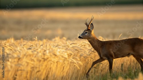 Running Deer Animated in Golden Wheat Field at Sunset, Nature Scene, Vibrant Environment, Wildlife Photography