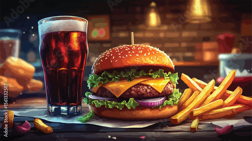 Delicious Burger with Fries, Cheese, Onion, Bread, and Cola on Table
