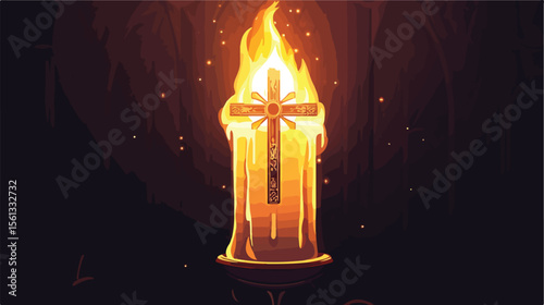 Burning Candle with Catholic Cross Flat Vector Illustration