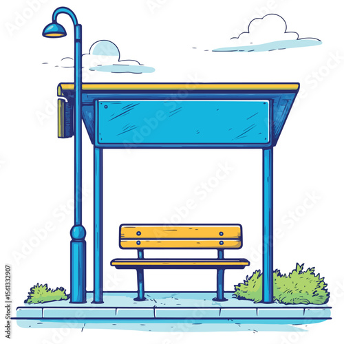 Colorful Cartoon Vector of Bus Stop Sign Hand Drawn Illustration