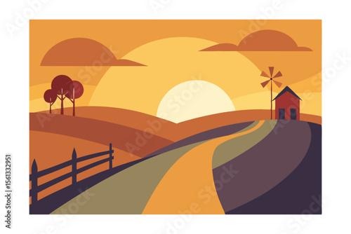 Serene Sunset over Rolling Hills A Farm Scene Illustration