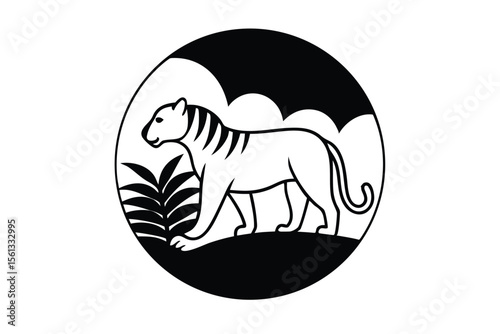 Vibrant circular digital illustration of a majestic tiger in a stylized natural setting
