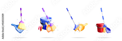 Cleaning tools set in 3d vector illustration. Broom and dustpan, mop bucket kit. Household chores and cleaning service concept.