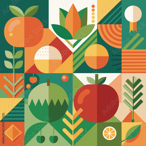 Abstract geometric pattern of farm food. Stylized poster with fruit and vegetables. Agriculture plants in cubism style. Contemporary art of healthy, natural, organic products. Flat vector illustration