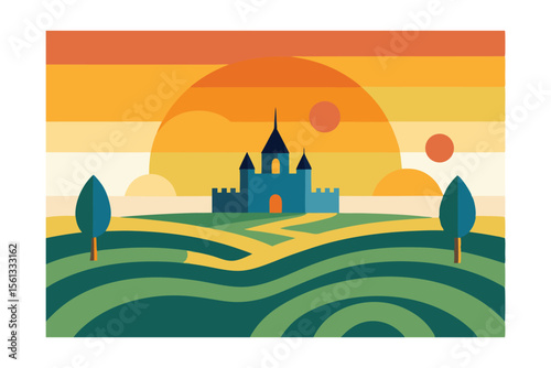 Enchanted Castle Sunset A Serene Landscape Illustration