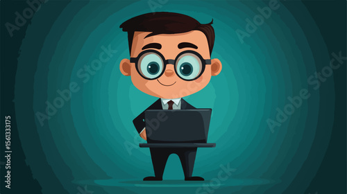 Professional Business Character Working on Laptop in Flat Design Background