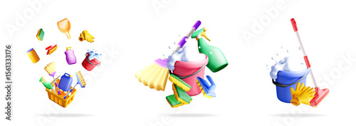 3D cute cleaning tools vector illustration set for house chores concept. Domestic sanitation and household hygiene objects collection.