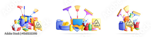 Set of 3d vector illustrations featuring various cleaning supplies, including buckets, mops, and sponges, for housework concepts.