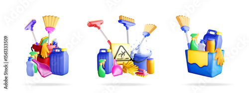 Set of cleaning tools. Colorful house cleaning supplies in bucket. Maintenance and household hygiene for service.