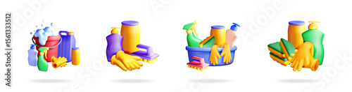 3d cartoon cleaning supplies with bucket and bottles. Housekeeping and home care concept. Collection for commercial graphic.