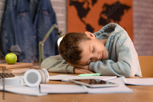 Teenage boy sleeping on tab...