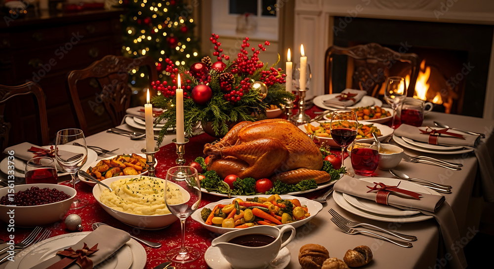 Fototapeta premium A lavish Christmas dinner table, complete with roasted turkey, side dishes, and festive decorations, set before a crackling fireplace.
