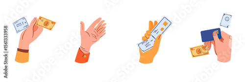 Set of hands holding credit card, banknote, bill, and making financial transactions with minimalist flat style isolated on white background
