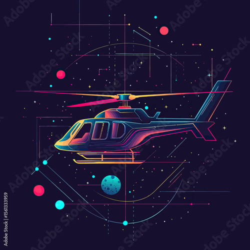 Futuristic neon helicopter with cosmic starry background and geometric shapes in colorful neon lines vector illustration