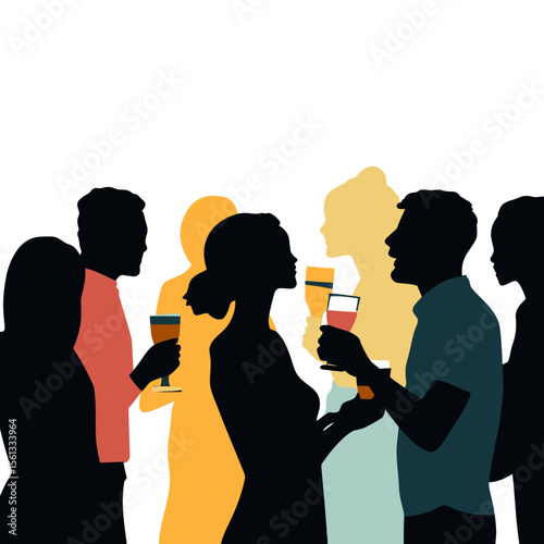Silhouettes diverse group men women social gathering holding drinks glass flat minimalist vector illustration party celebration evening event