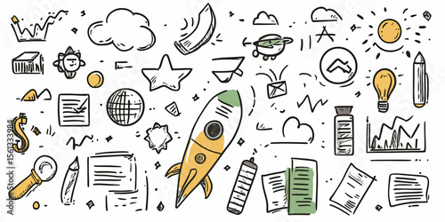 Hand drawn business doodle icons with rocket startup, growth charts, documents, money symbols, light bulb, clouds, and global finance symbols in minimalist style vector illustration