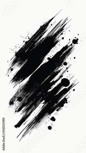 Abstract black ink brush strokes with splatters and streaks on white background modern grunge paint texture design element for artistic backgrounds and creative projects vector illustration